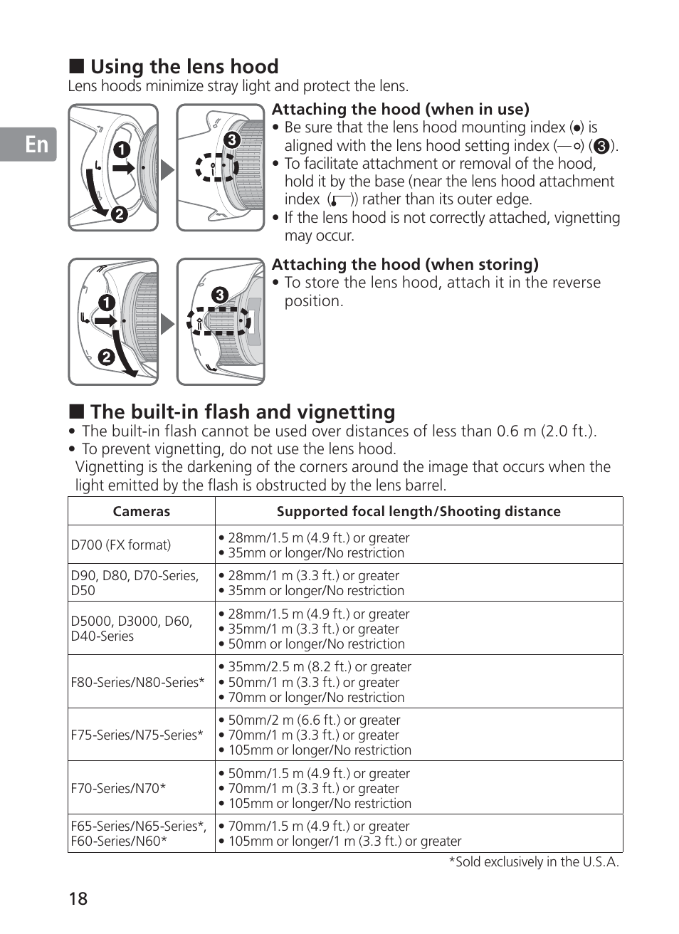 Jp en de fr es se ru nl it ck ch kr, Using the lens hood, The built-in flash and vignetting | Nikon AF-S VR 28-300mm f-3.5-5.6GED User Manual | Page 18 / 152
