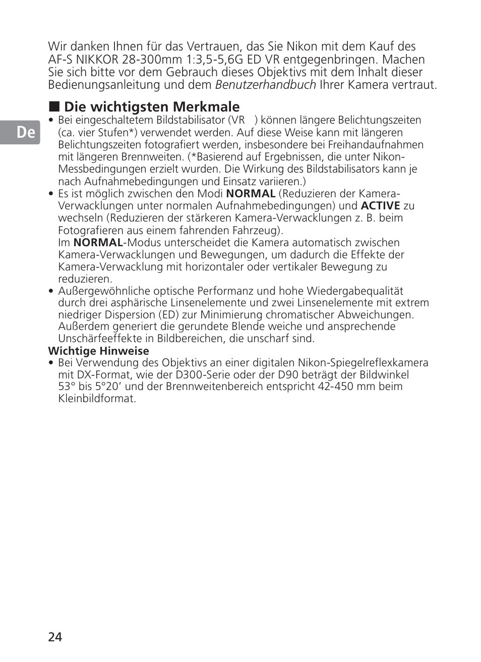 Jp en de fr es se ru nl it ck ch kr | Nikon AF-S VR 28-300mm f-3.5-5.6GED User Manual | Page 24 / 152