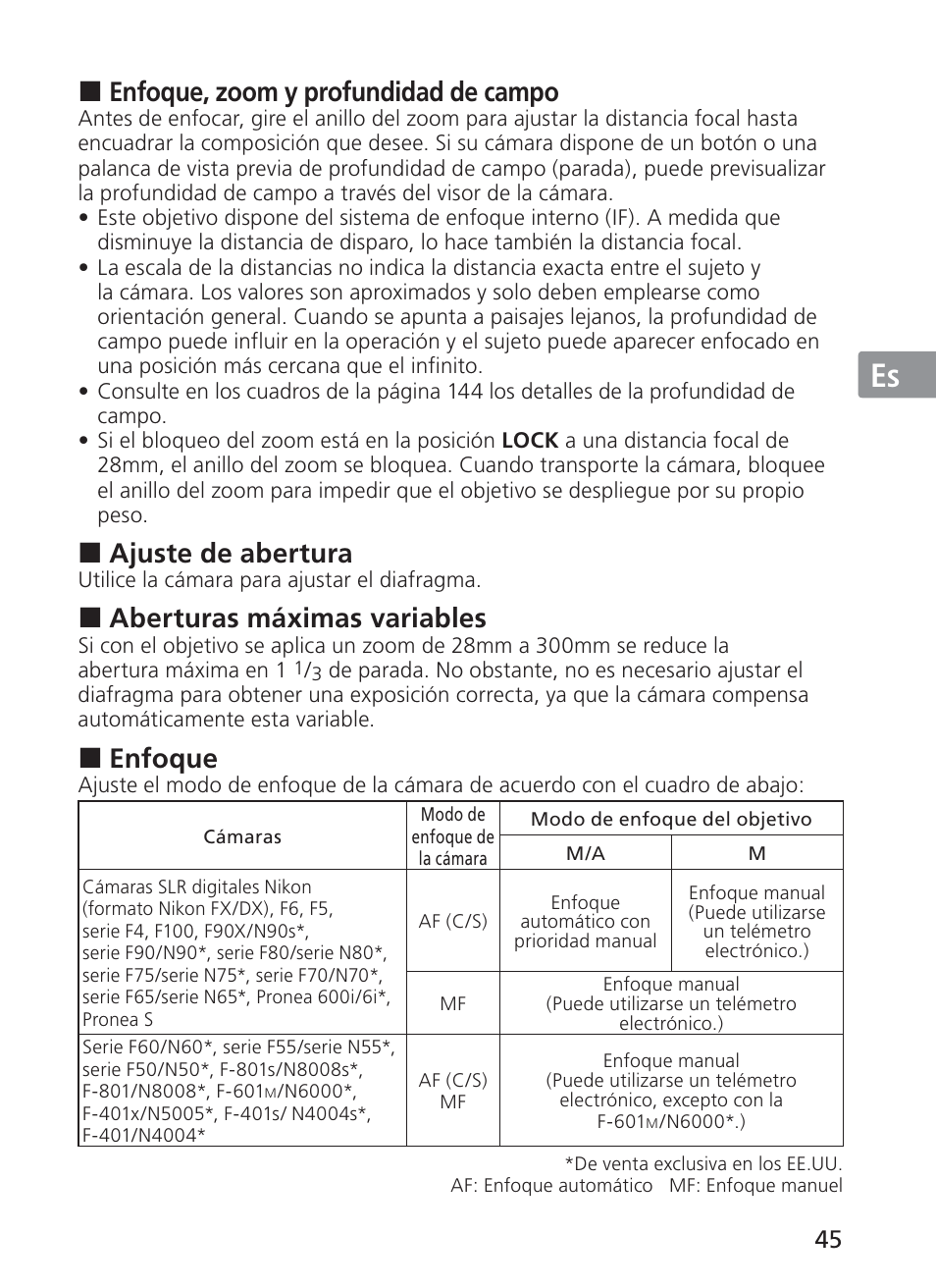 Jp en de fr es se ru nl it ck ch kr, Enfoque, zoom y profundidad de campo, Ajuste de abertura | Aberturas máximas variables, Enfoque | Nikon AF-S VR 28-300mm f-3.5-5.6GED User Manual | Page 45 / 152