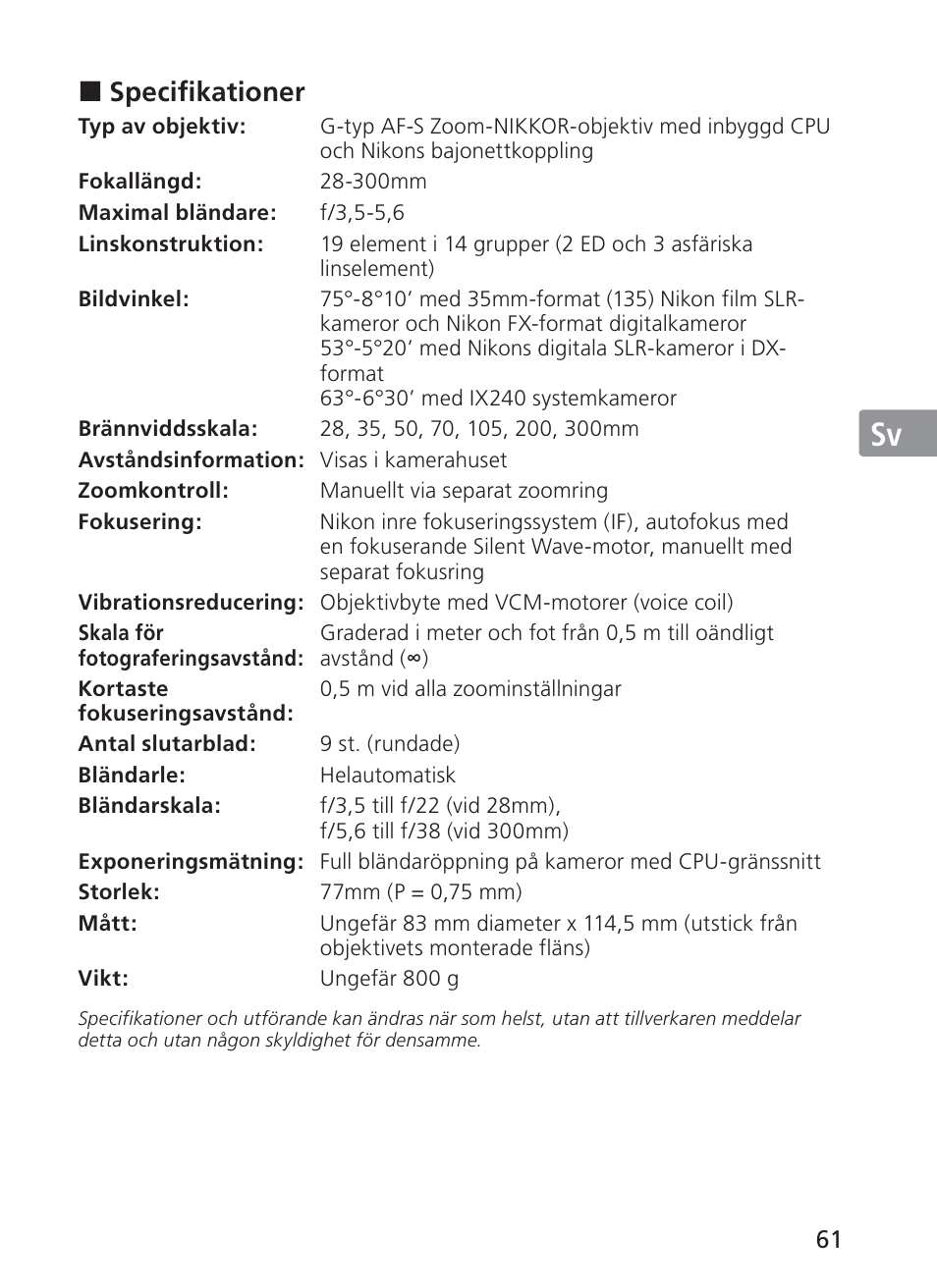 Jp en de fr es sv ru nl it ck ch kr | Nikon AF-S VR 28-300mm f-3.5-5.6GED User Manual | Page 61 / 152