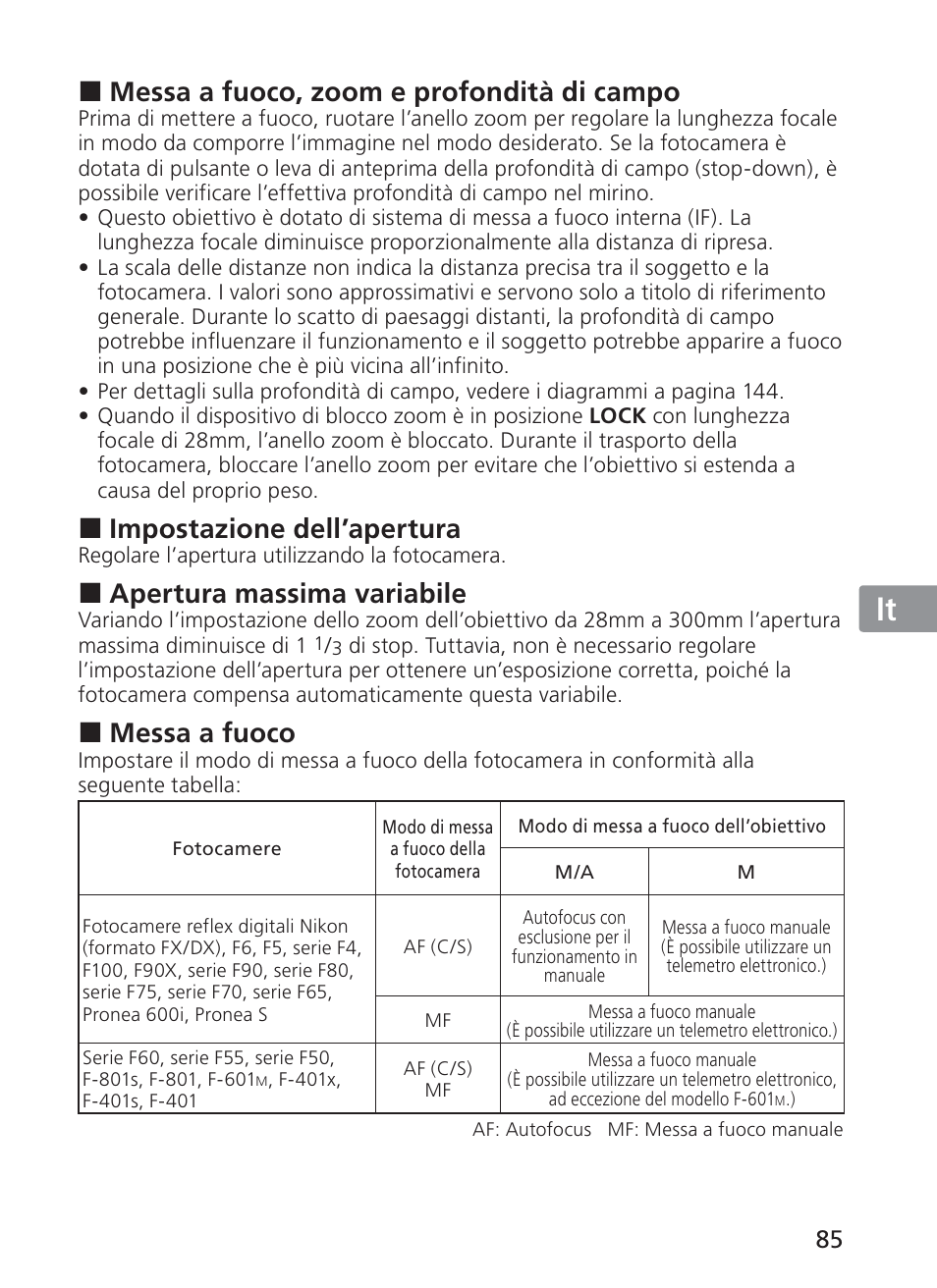 Jp en de fr es se ru nl it ck ch kr, Messa a fuoco, zoom e profondità di campo, Impostazione dell’apertura | Apertura massima variabile, Messa a fuoco | Nikon AF-S VR 28-300mm f-3.5-5.6GED User Manual | Page 85 / 152