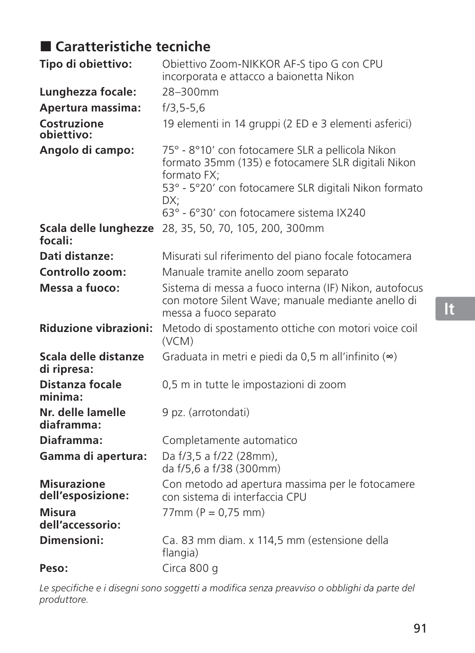 Jp en de fr es se ru nl it ck ch kr | Nikon AF-S VR 28-300mm f-3.5-5.6GED User Manual | Page 91 / 152