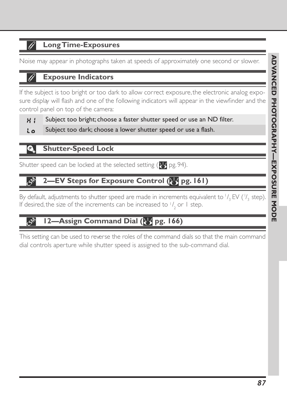 Long time-exposures, Exposure indicators, Shutter-speed lock | 2—ev steps for exposure control ( pg. 161) | Nikon D1X User Manual | Page 100 / 236