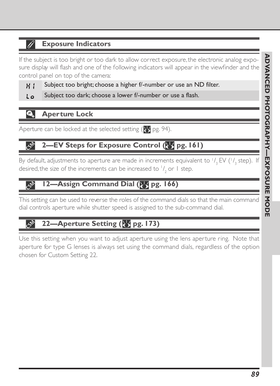 Exposure indicators, Aperture lock, 2—ev steps for exposure control ( pg. 161) | Nikon D1X User Manual | Page 102 / 236
