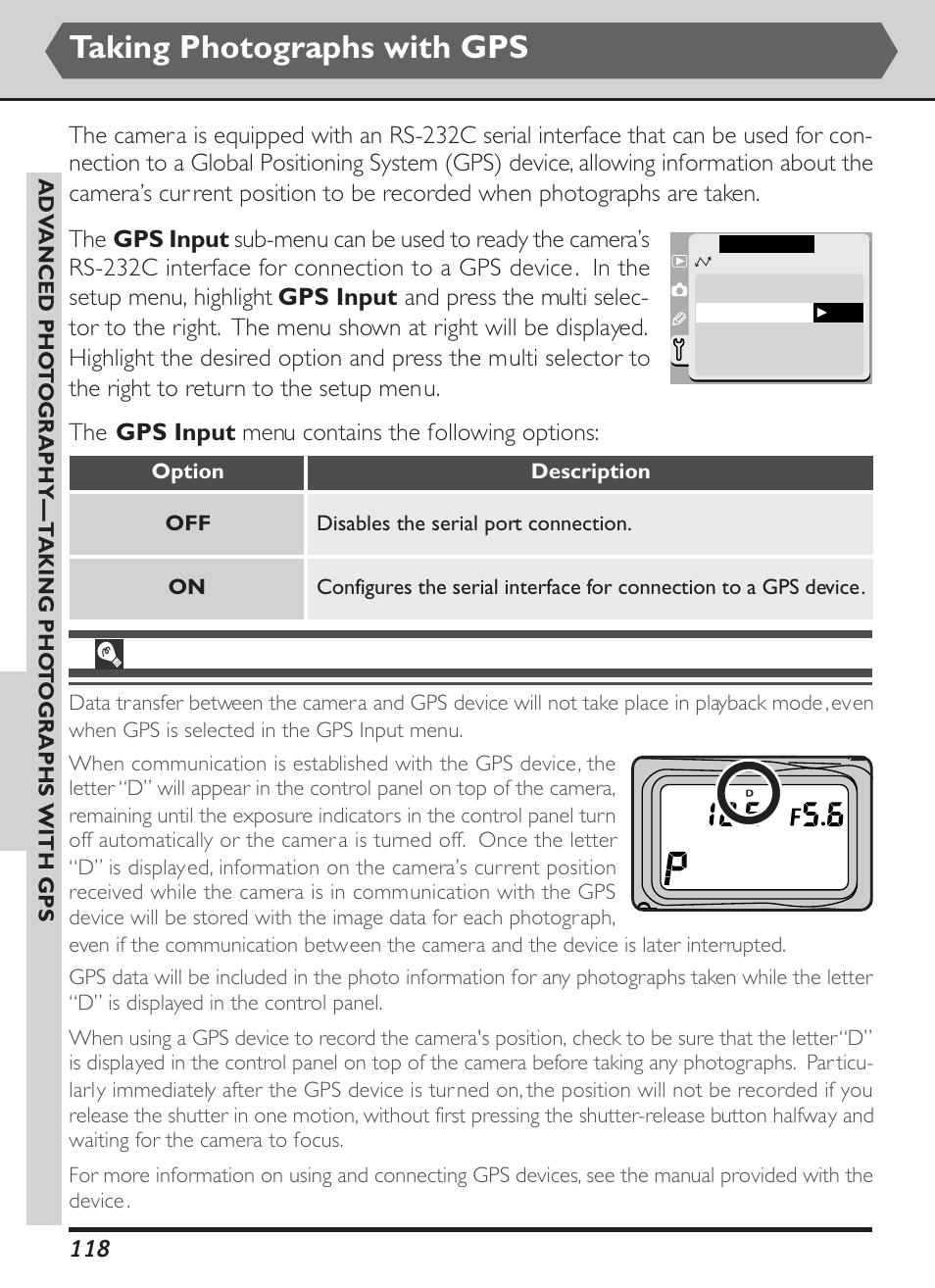 Taking photographs with gps | Nikon D1X User Manual | Page 131 / 236