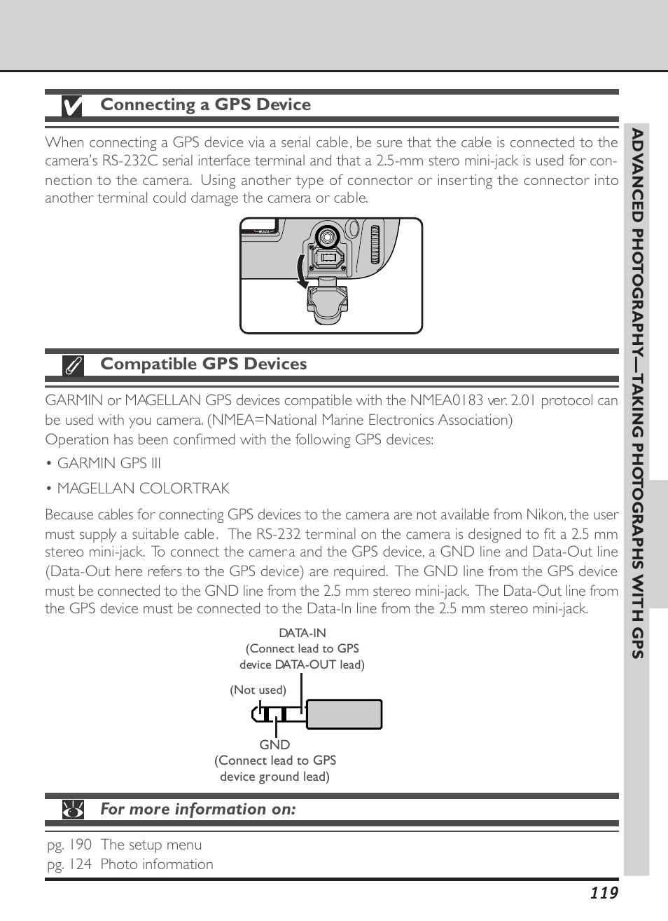 Connecting a gps device, Compatible gps devices, For more information on | Nikon D1X User Manual | Page 132 / 236