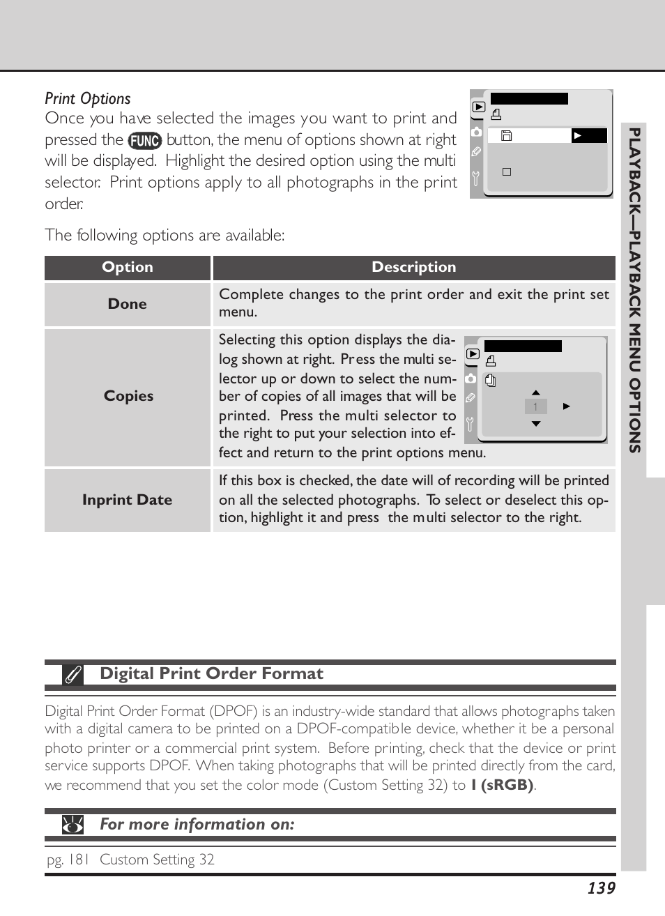 Digital print order format, For more information on, The following options are available | Nikon D1X User Manual | Page 152 / 236