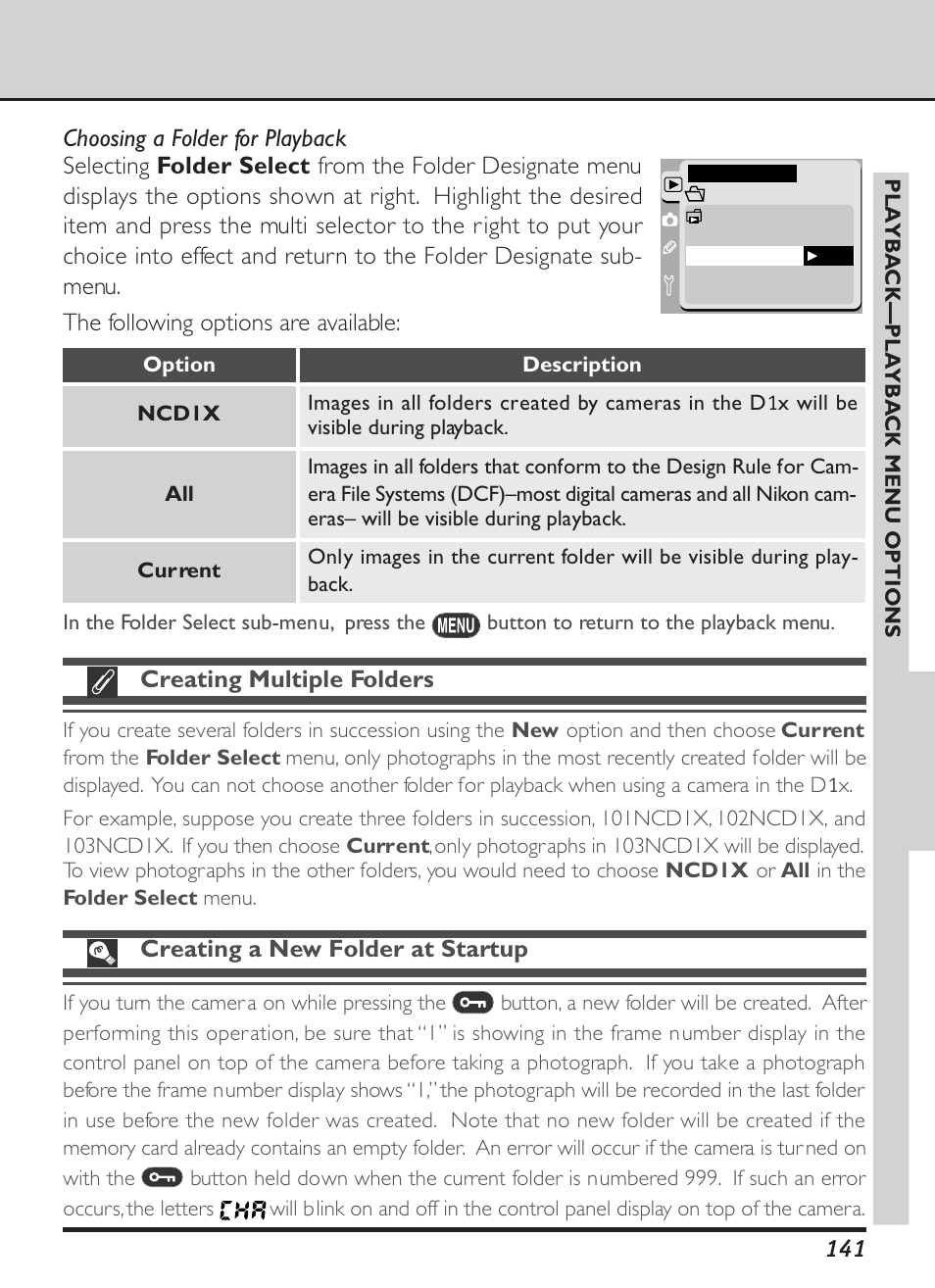 Creating multiple folders, Creating a new folder at startup, The following options are available | Nikon D1X User Manual | Page 154 / 236