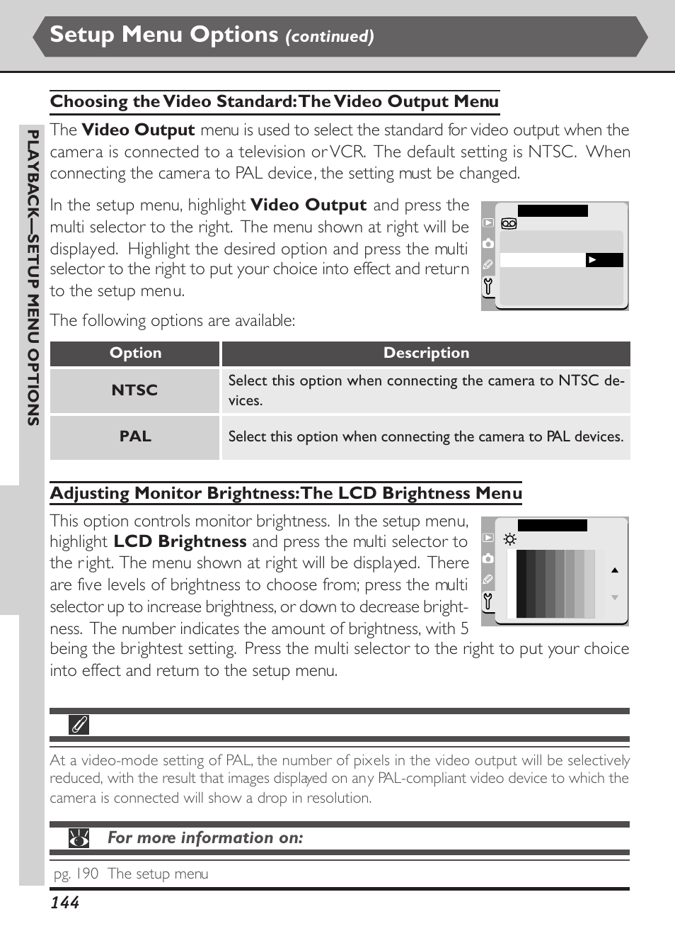 Setup menu options, Continued), For more information on | The following options are available | Nikon D1X User Manual | Page 157 / 236