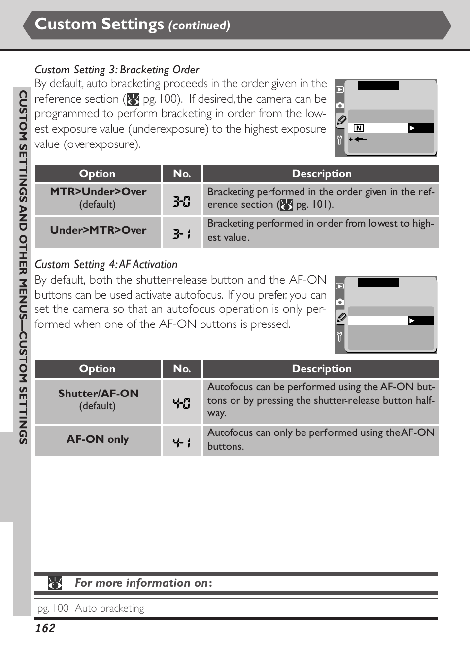 Custom settings, Continued), For more information on | Nikon D1X User Manual | Page 175 / 236