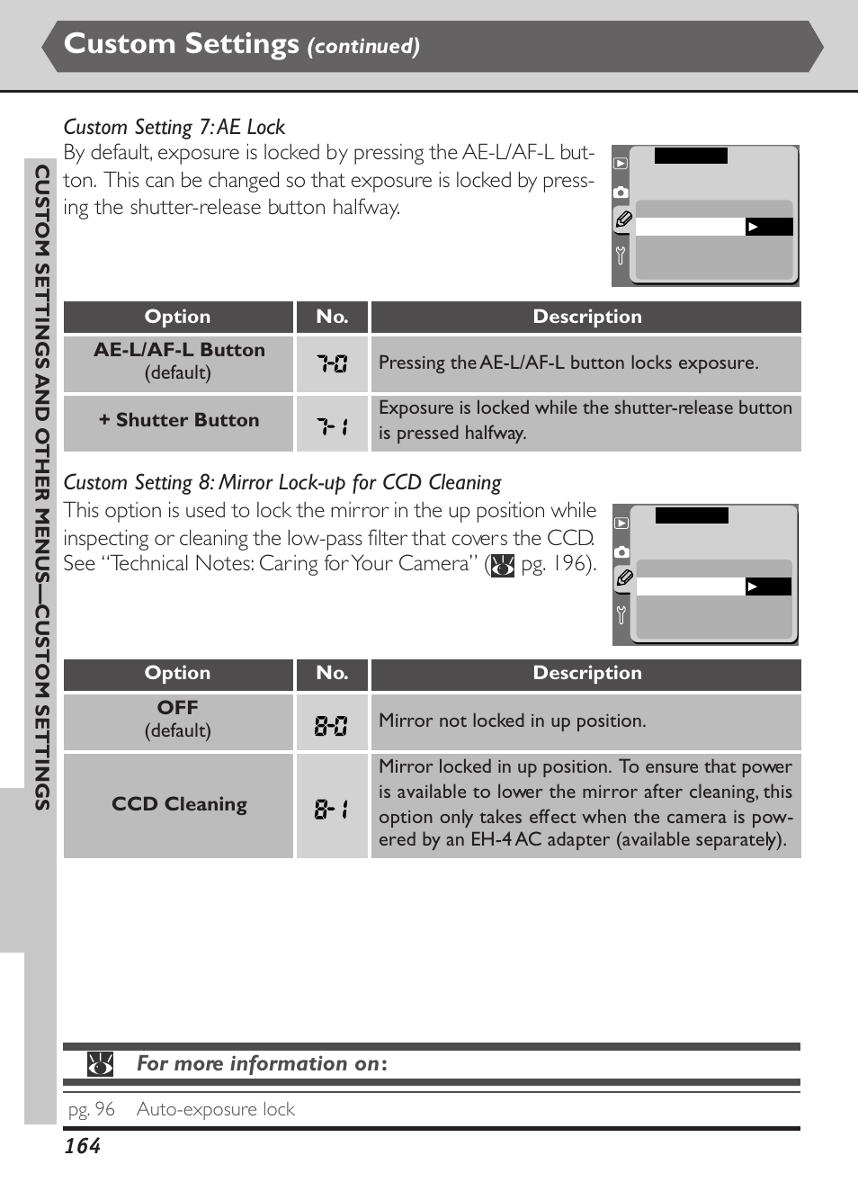 Custom settings, Continued), For more information on | Nikon D1X User Manual | Page 177 / 236