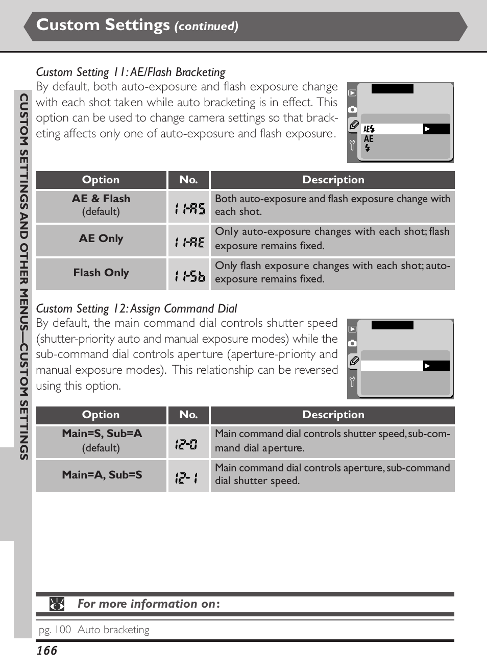 Custom settings, For more information on, Continued) | Nikon D1X User Manual | Page 179 / 236