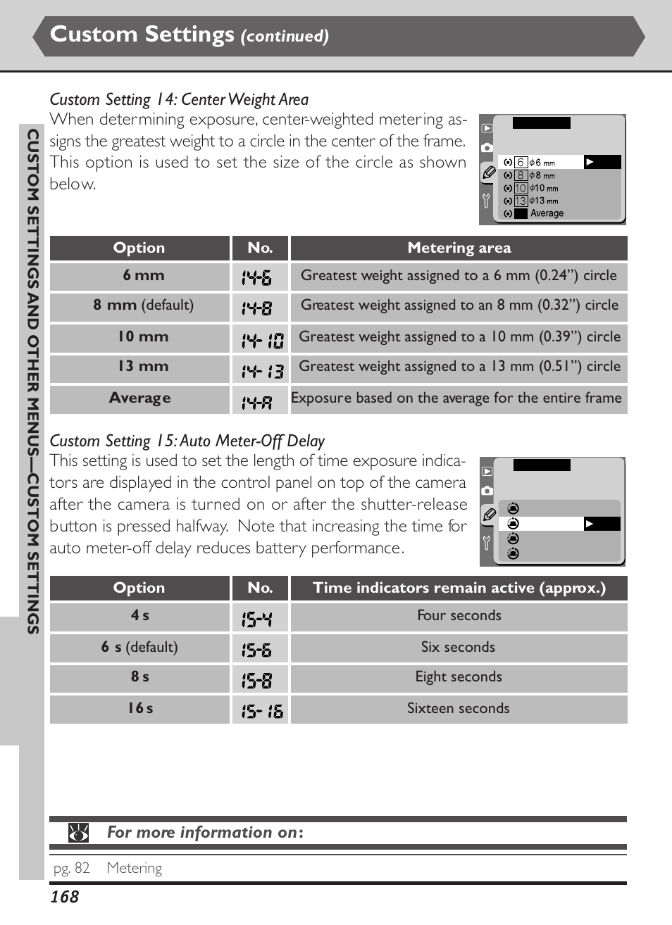 Custom settings, For more information on, Continued) | Nikon D1X User Manual | Page 181 / 236