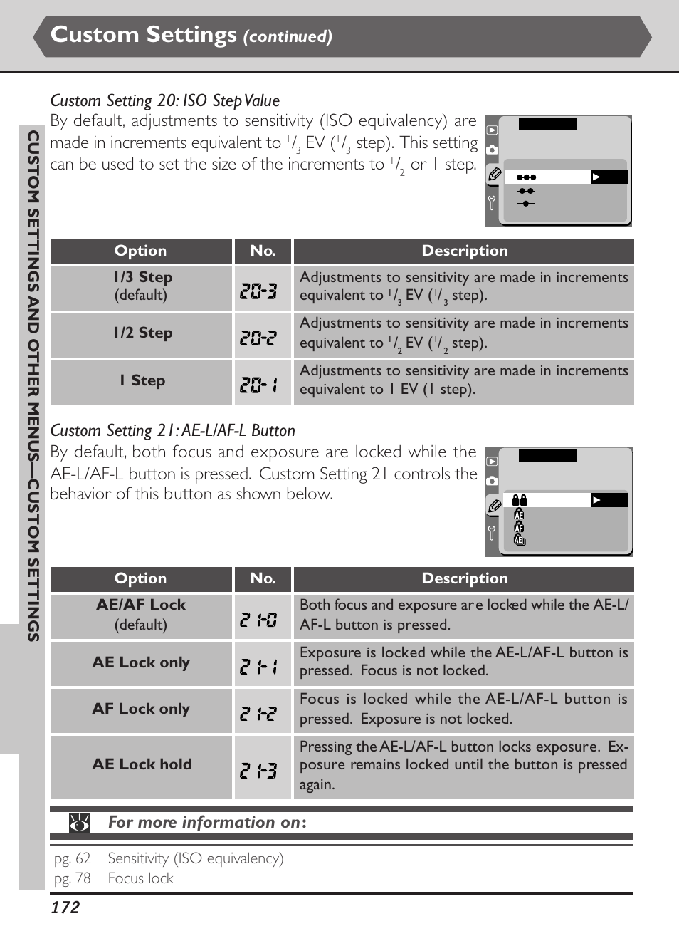 Custom settings, Or 1 step, Continued) | For more information on | Nikon D1X User Manual | Page 185 / 236