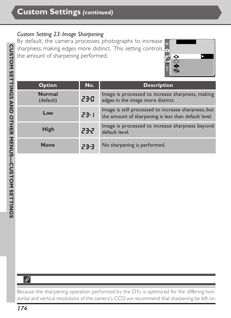 Custom settings | Nikon D1X User Manual | Page 187 / 236