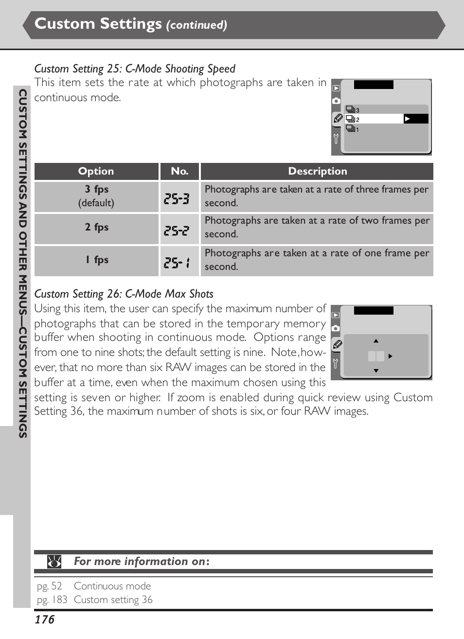 Custom settings, For more information on | Nikon D1X User Manual | Page 189 / 236