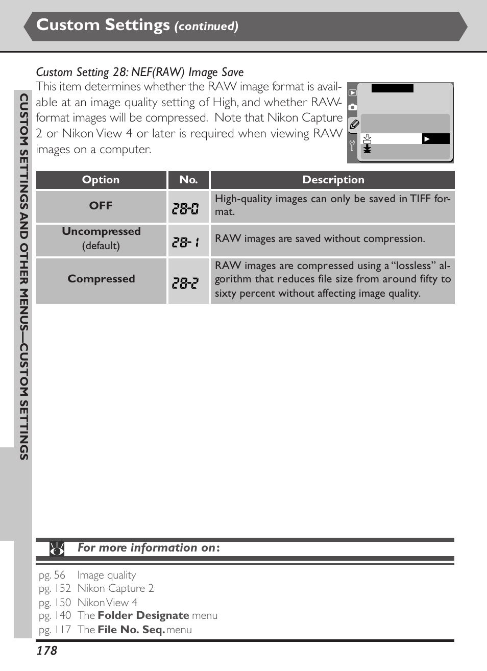 Custom settings, For more information on | Nikon D1X User Manual | Page 191 / 236