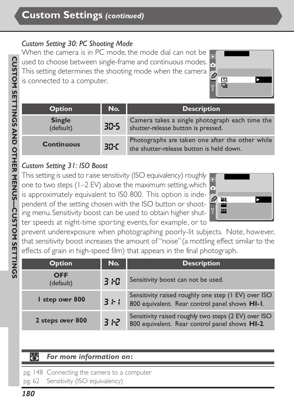 Custom settings, For more information on | Nikon D1X User Manual | Page 193 / 236