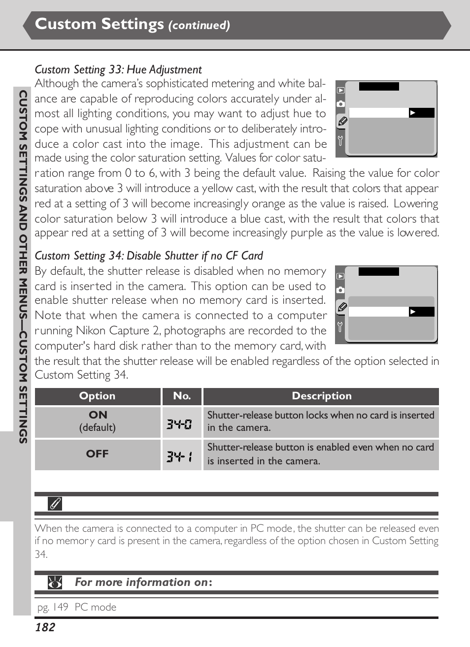 Custom settings, For more information on | Nikon D1X User Manual | Page 195 / 236