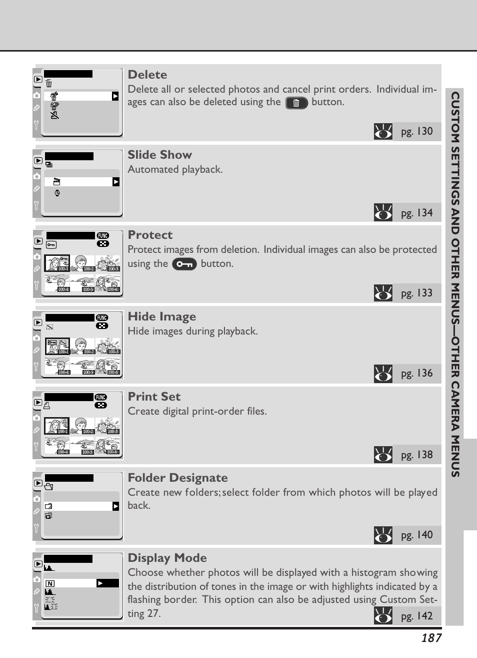 Delete, Slide show, Protect | Hide image, Print set, Folder designate, Display mode | Nikon D1X User Manual | Page 200 / 236