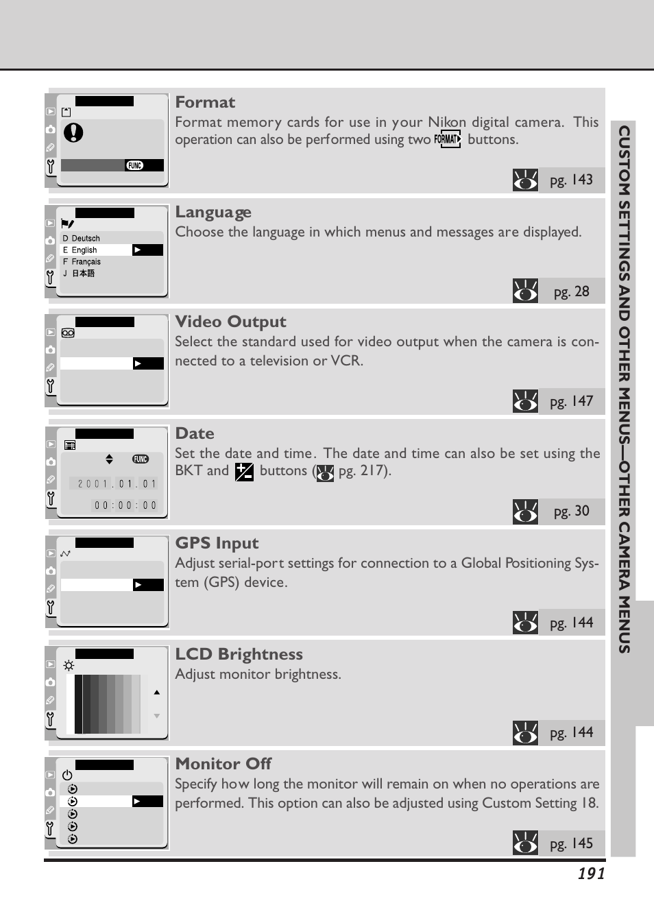 Monitor off, Format, Language | Video output, Date, Gps input, Lcd brightness, Adjust monitor brightness | Nikon D1X User Manual | Page 204 / 236