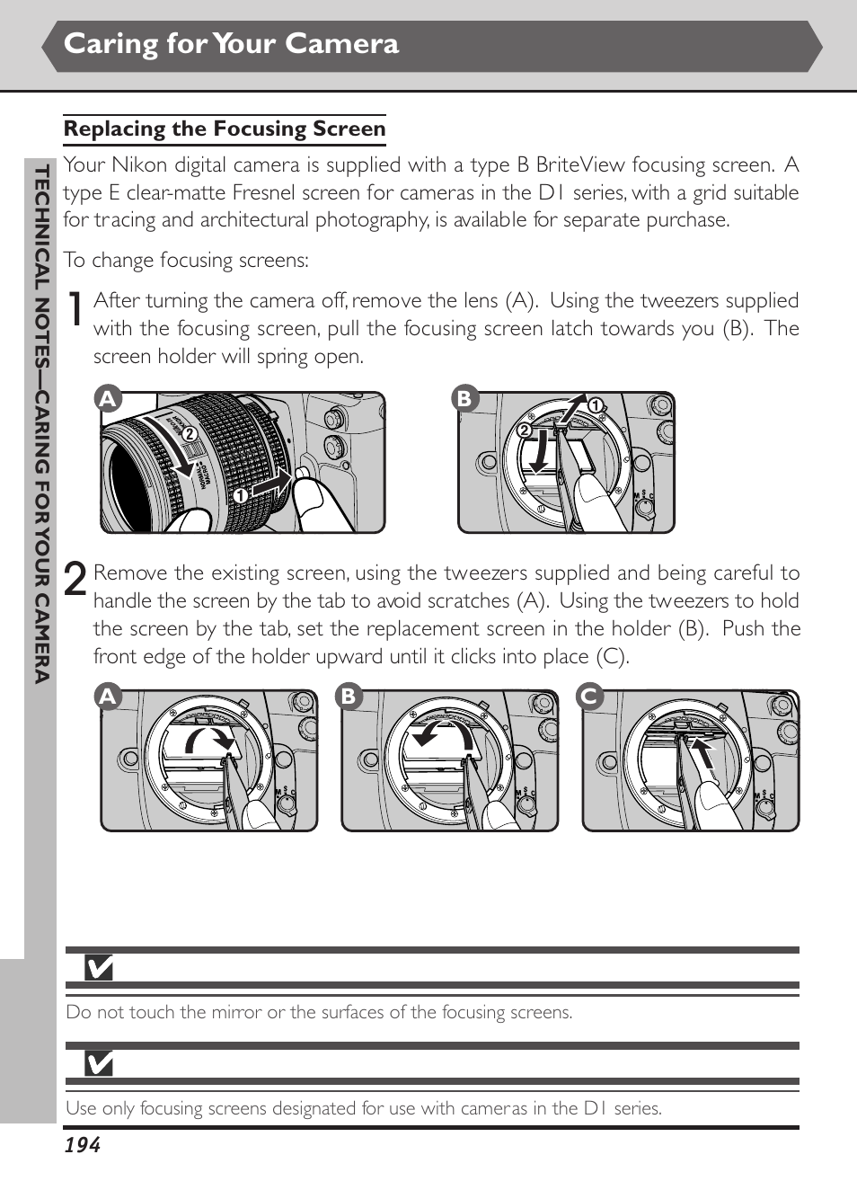 Caring for your camera, Cb a | Nikon D1X User Manual | Page 207 / 236