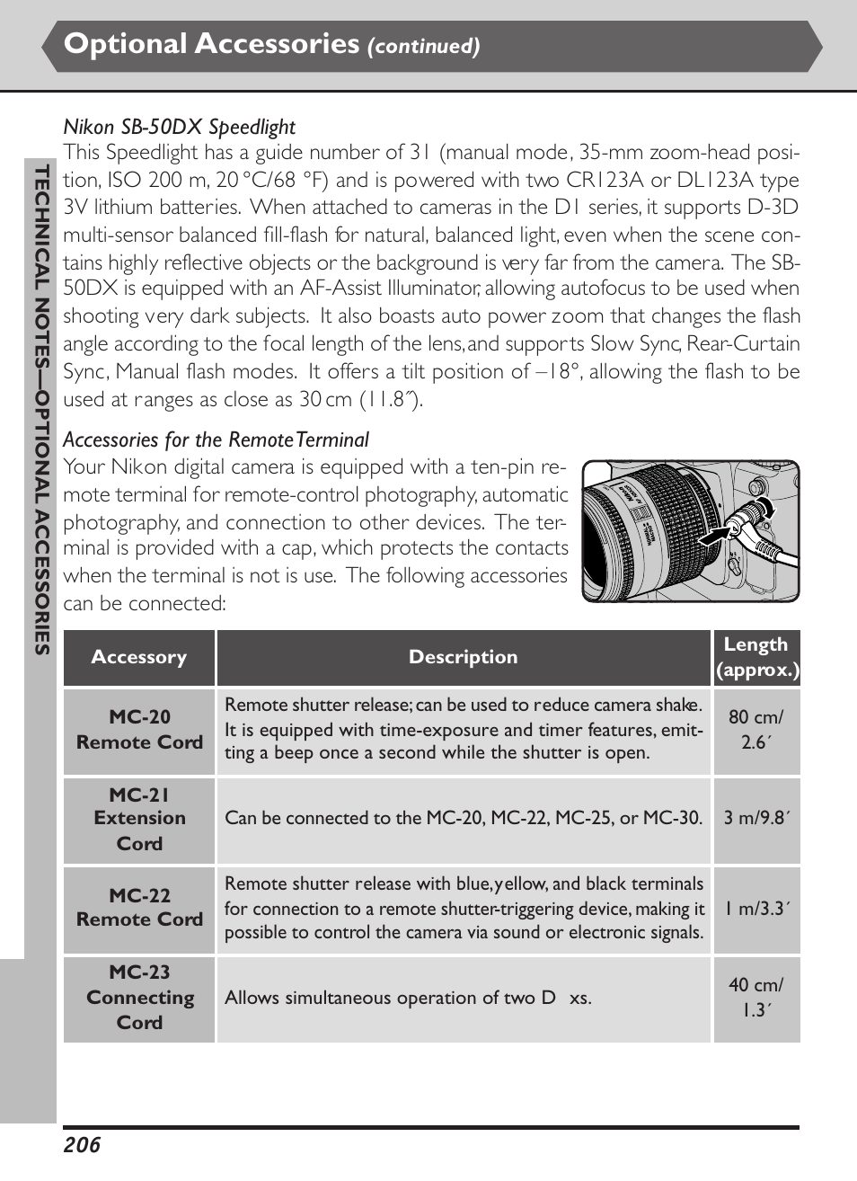 Optional accessories, Technical no tes—optional a ccessories | Nikon D1X User Manual | Page 219 / 236