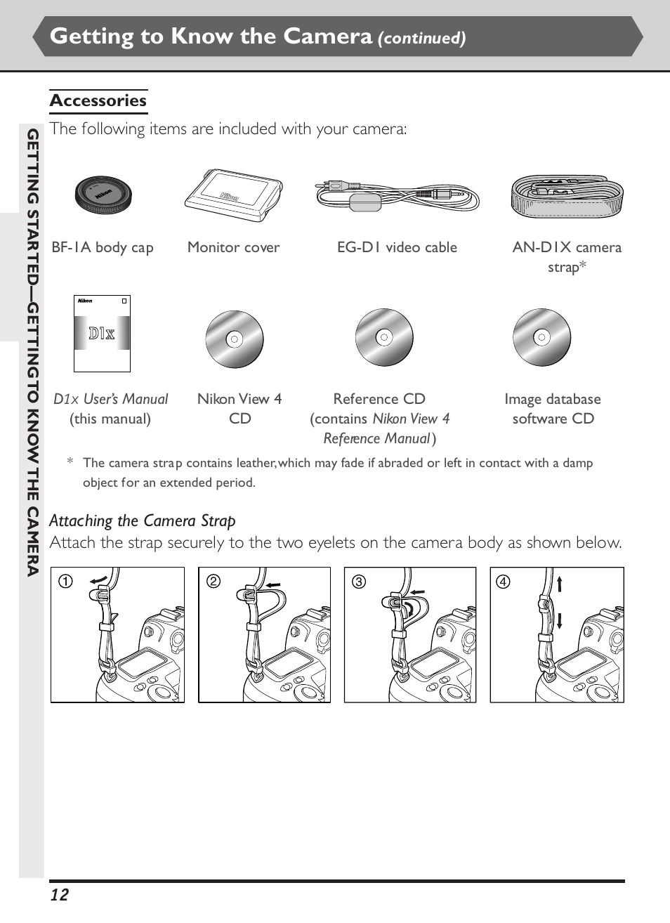 Getting to know the camera, Continued), Getting st ar ted—getting t o kno w the camera | User’s manual (this manual), Image database software cd | Nikon D1X User Manual | Page 25 / 236