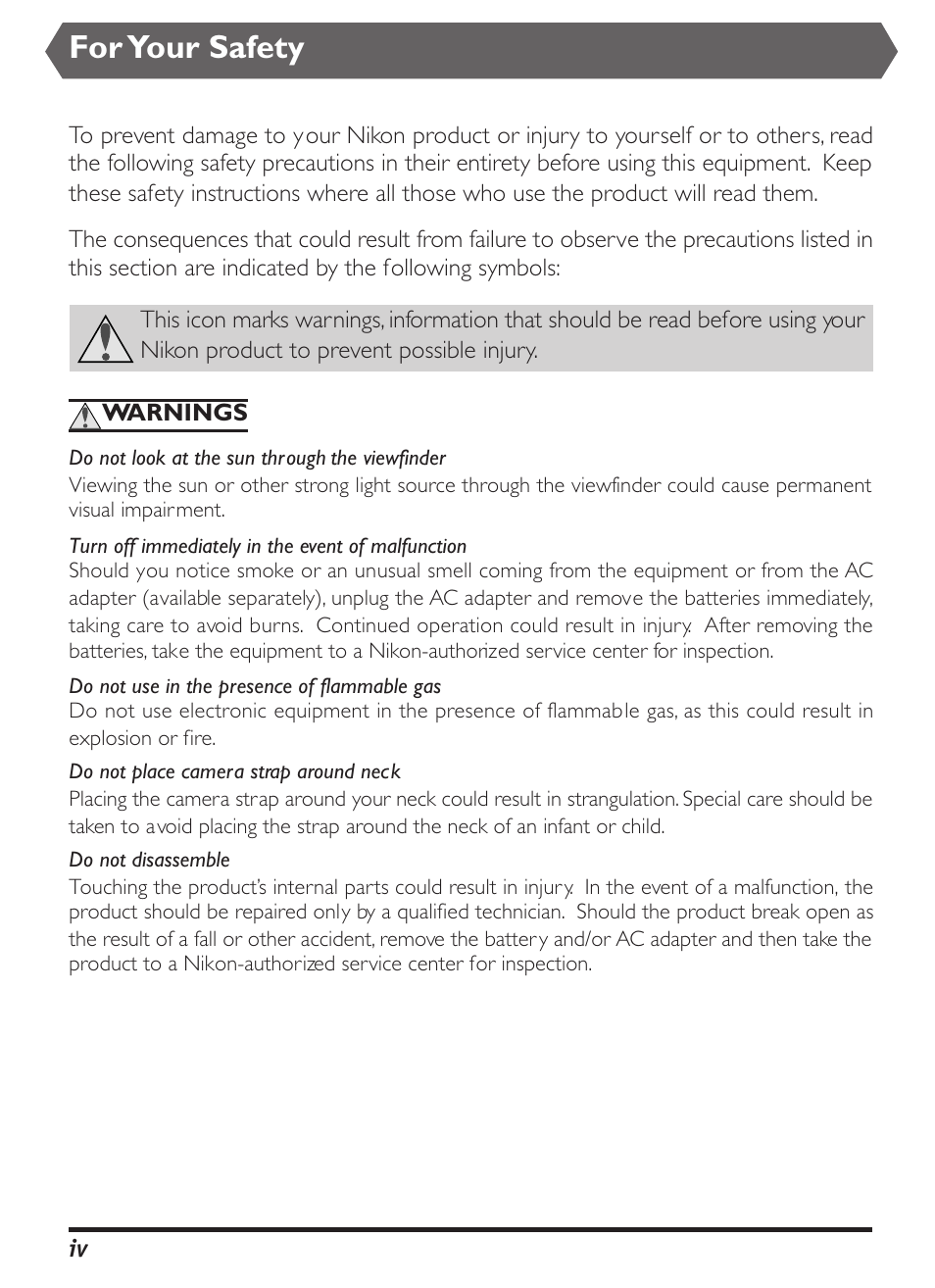 For your safety | Nikon D1X User Manual | Page 3 / 236