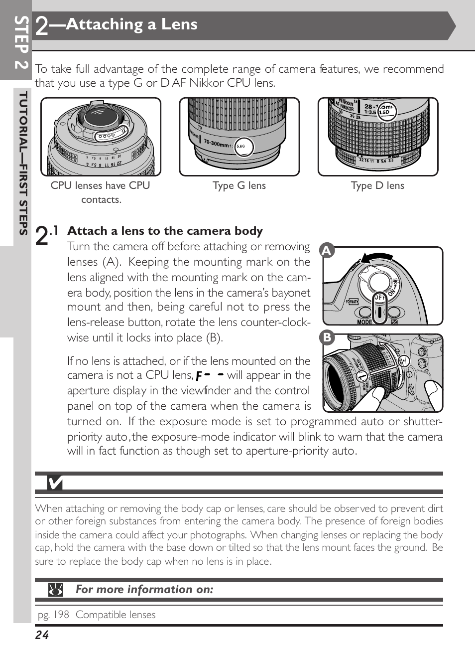 Step 2, Attaching a lens | Nikon D1X User Manual | Page 37 / 236