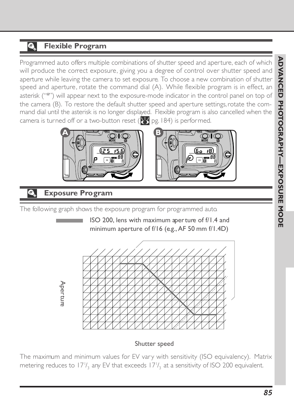 Flexible program, Exposure program, Ad v anced pho t ography—exposure mode | Any ev that exceeds 17, At a sensitivity of iso 200 equivalent, Aper tur e | Nikon D1X User Manual | Page 98 / 236