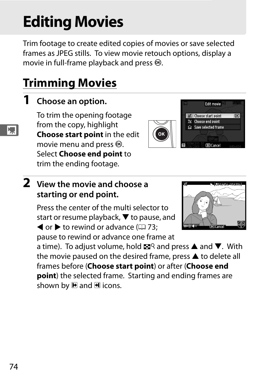 Editing movies, Trimming movies | Nikon D3S User Manual | Page 100 / 460