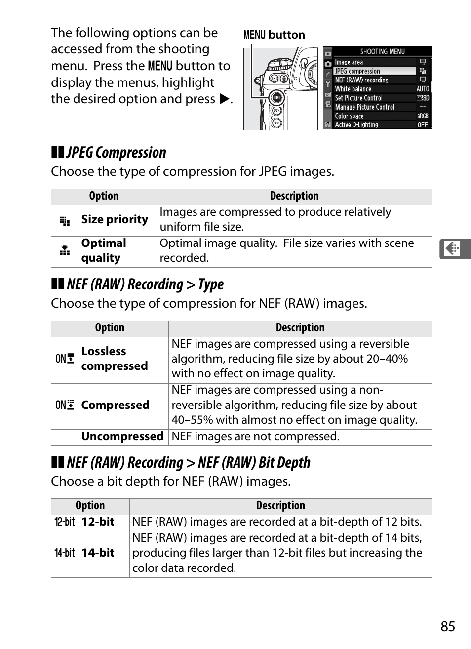 Jpeg compression, Nef (raw) recording > type, Nef (raw) recording > nef (raw) bit depth | Nikon D3S User Manual | Page 111 / 460