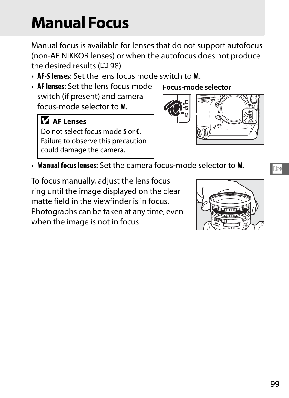 Manual focus | Nikon D3S User Manual | Page 125 / 460