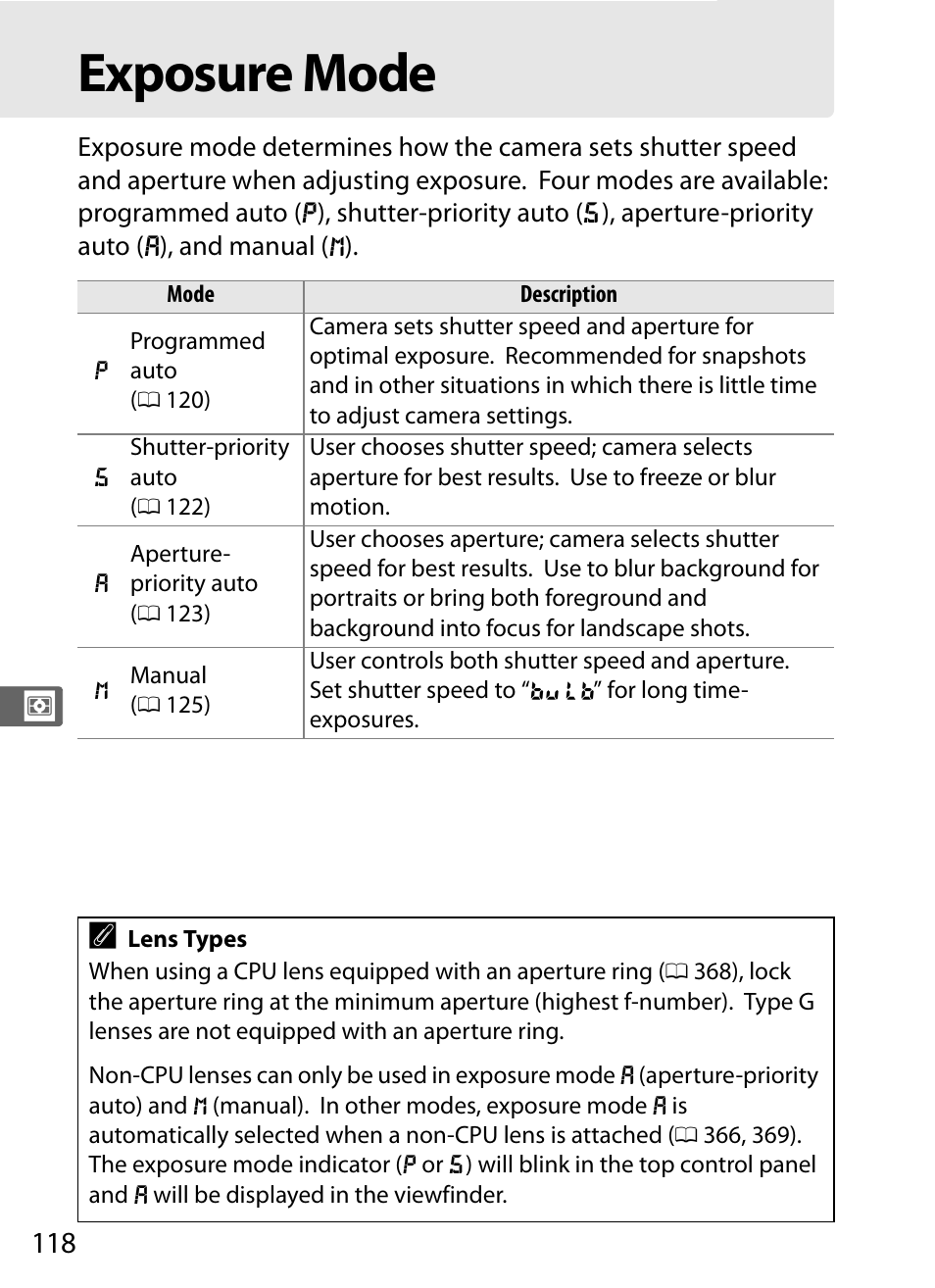 Exposure mode | Nikon D3S User Manual | Page 144 / 460