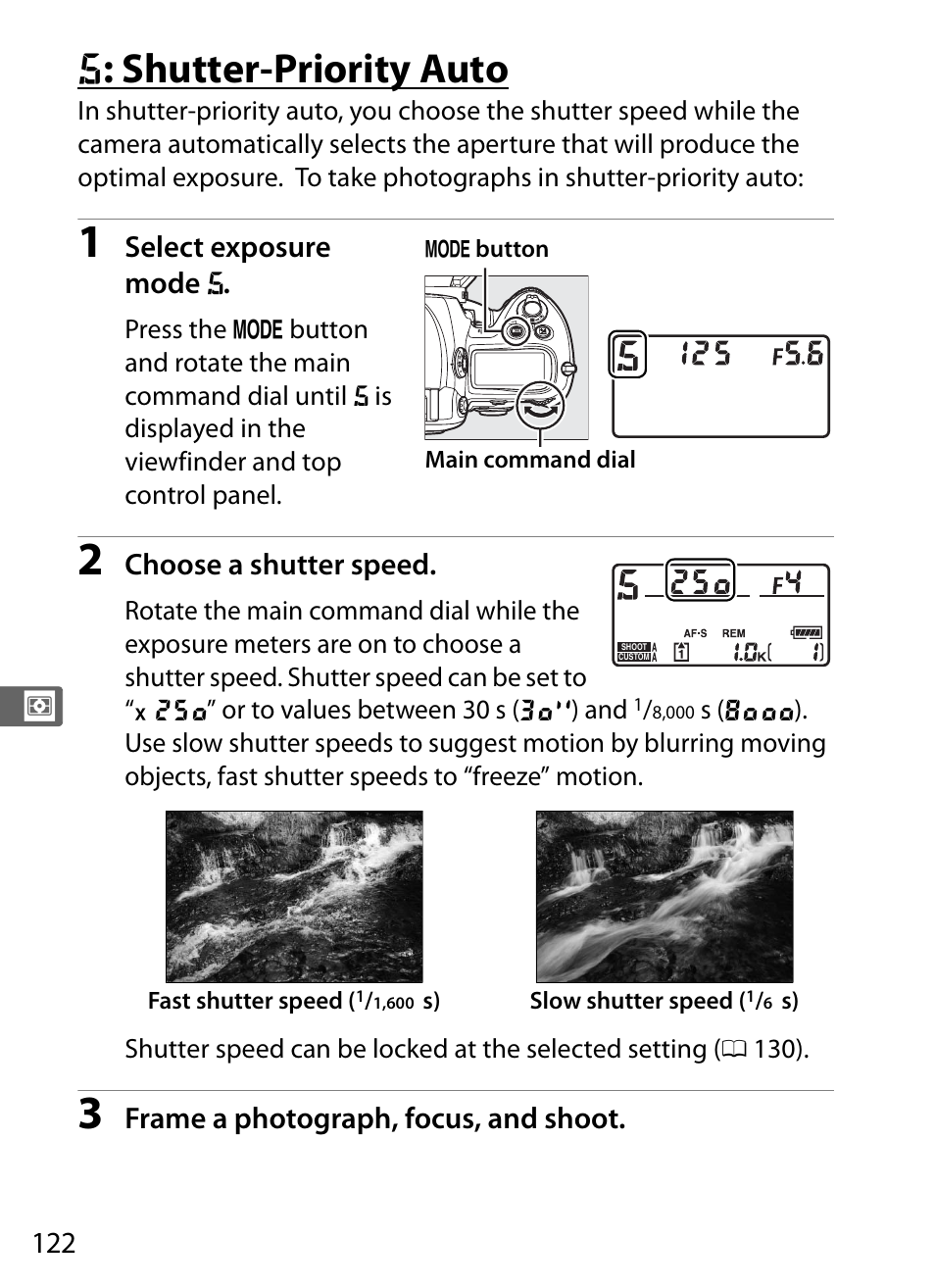 S: shutter-priority auto, F : shutter-priority auto | Nikon D3S User Manual | Page 148 / 460