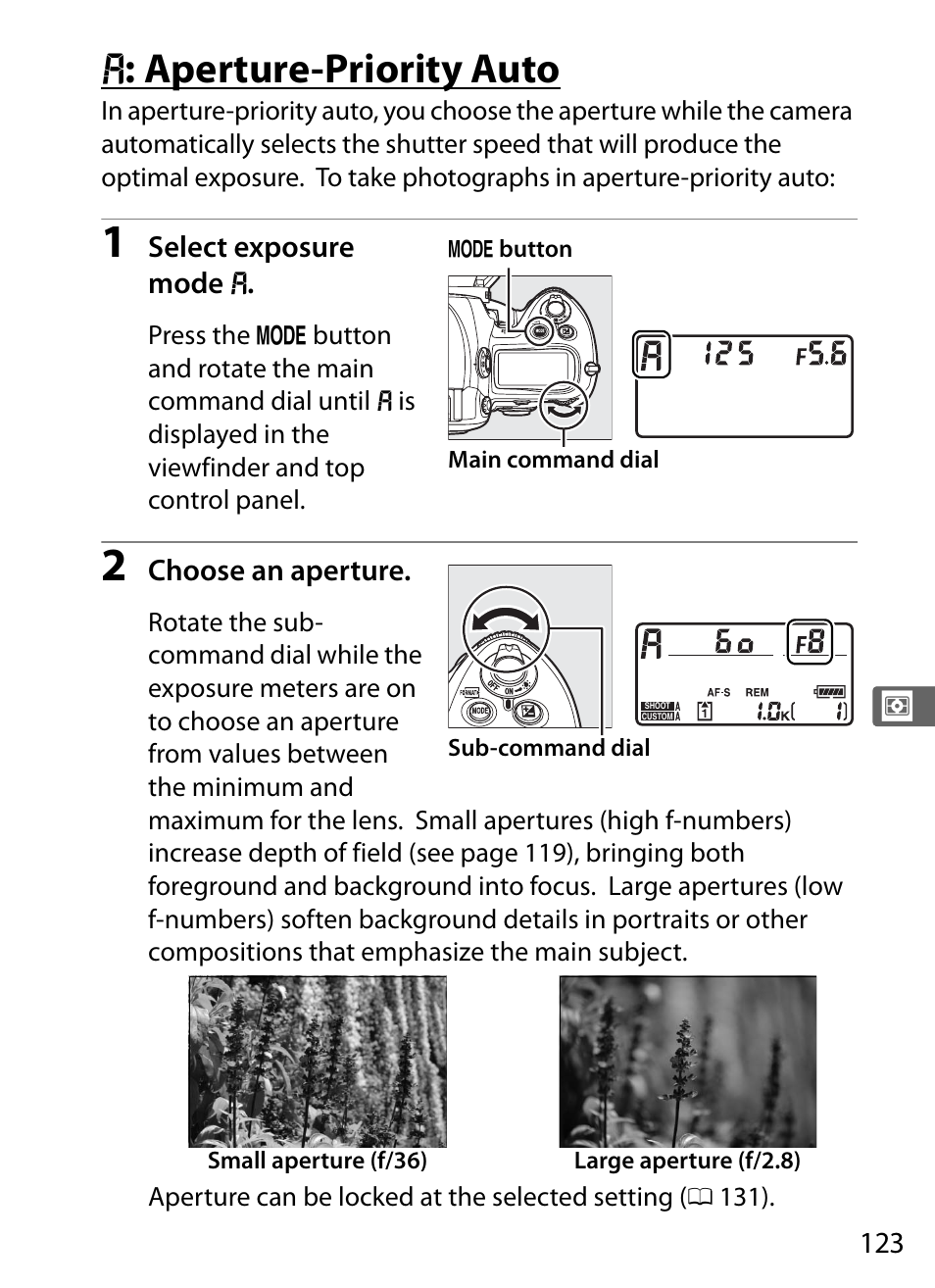 A: aperture-priority auto, G : aperture-priority auto | Nikon D3S User Manual | Page 149 / 460