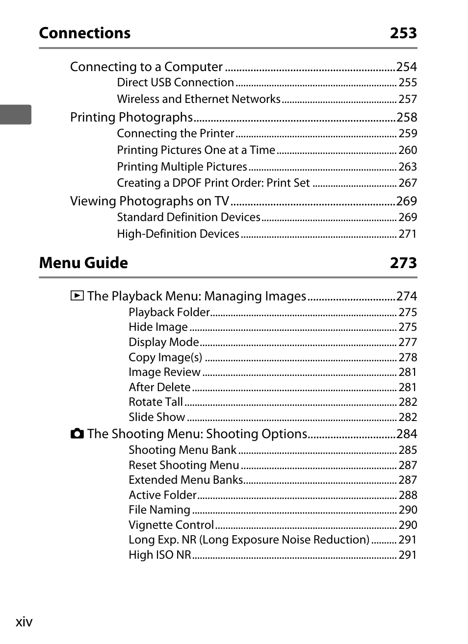 Connections 253, Menu guide 273 | Nikon D3S User Manual | Page 16 / 460