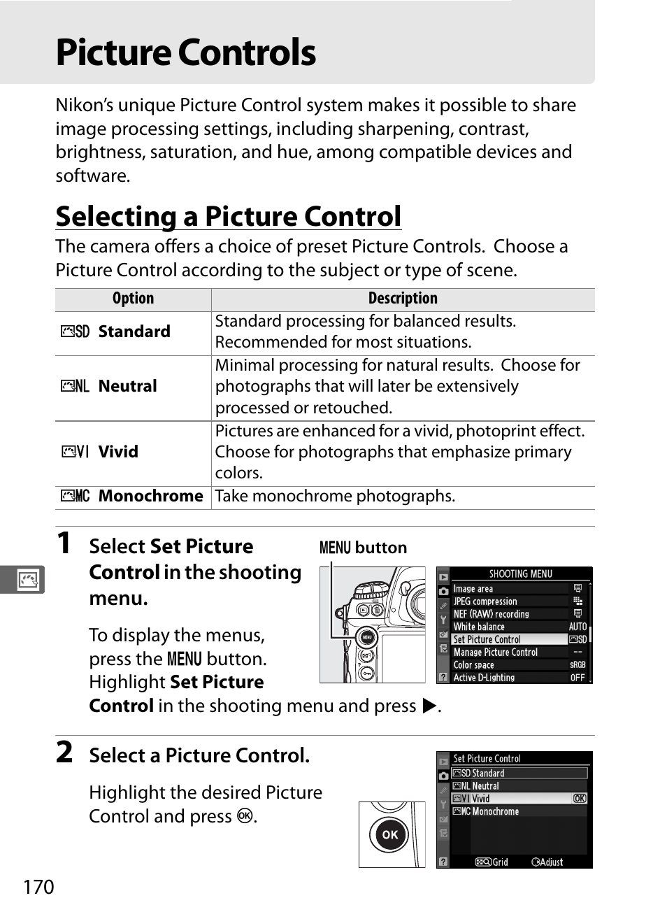 Picture controls, Selecting a picture control | Nikon D3S User Manual | Page 196 / 460
