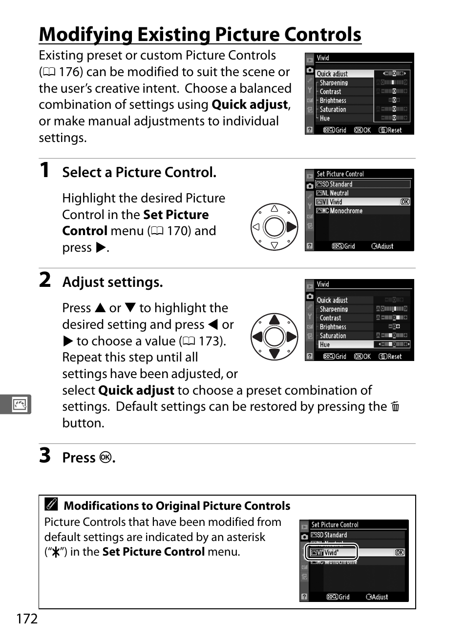 Modifying existing picture controls | Nikon D3S User Manual | Page 198 / 460