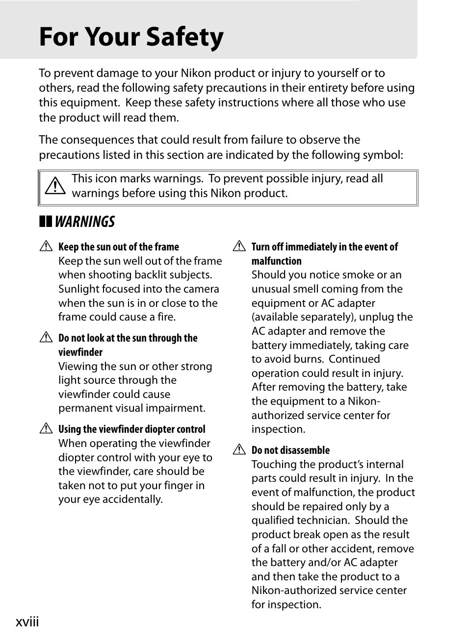 For your safety, Warnings | Nikon D3S User Manual | Page 20 / 460