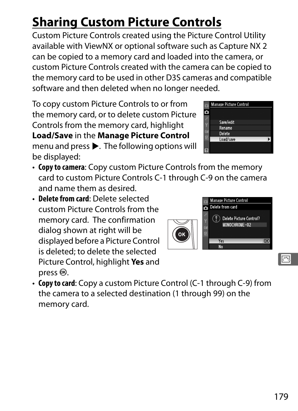 Sharing custom picture controls | Nikon D3S User Manual | Page 205 / 460