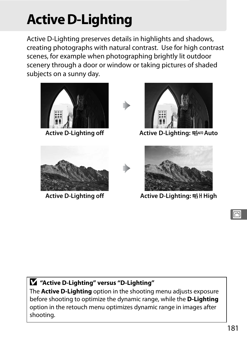Active d-lighting | Nikon D3S User Manual | Page 207 / 460