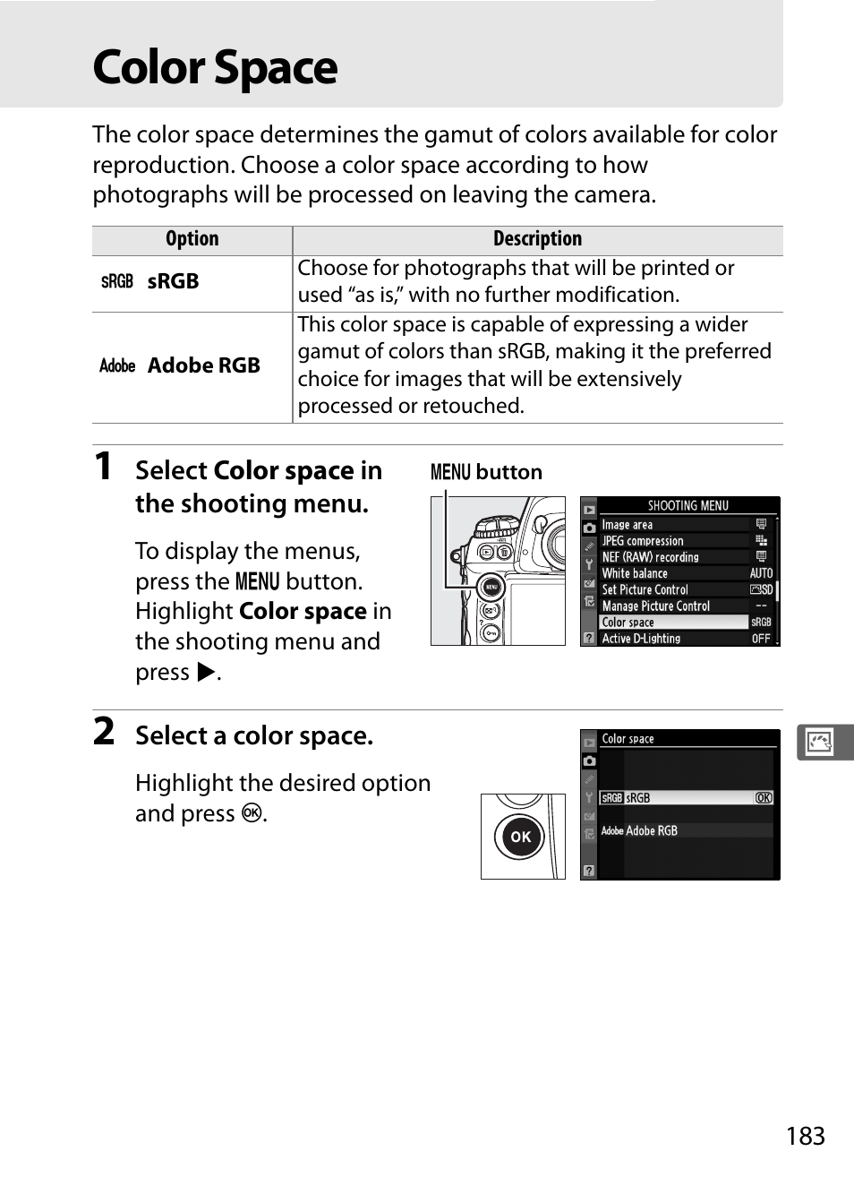 Color space | Nikon D3S User Manual | Page 209 / 460