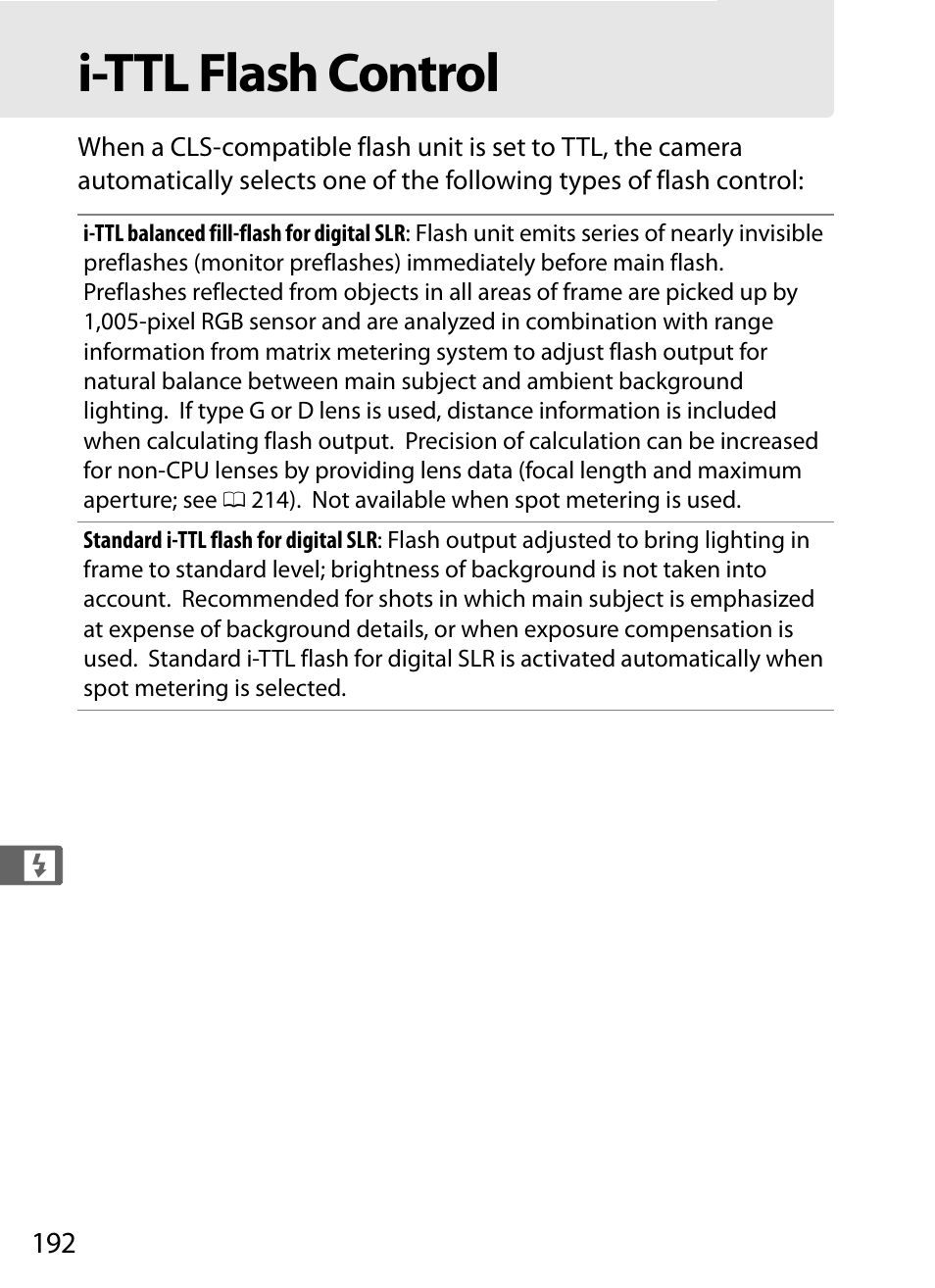 I-ttl flash control | Nikon D3S User Manual | Page 218 / 460