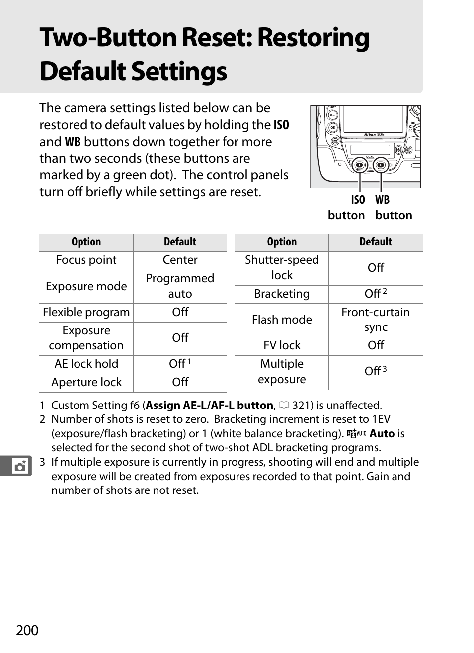 Two-button reset: restoring default settings | Nikon D3S User Manual | Page 226 / 460