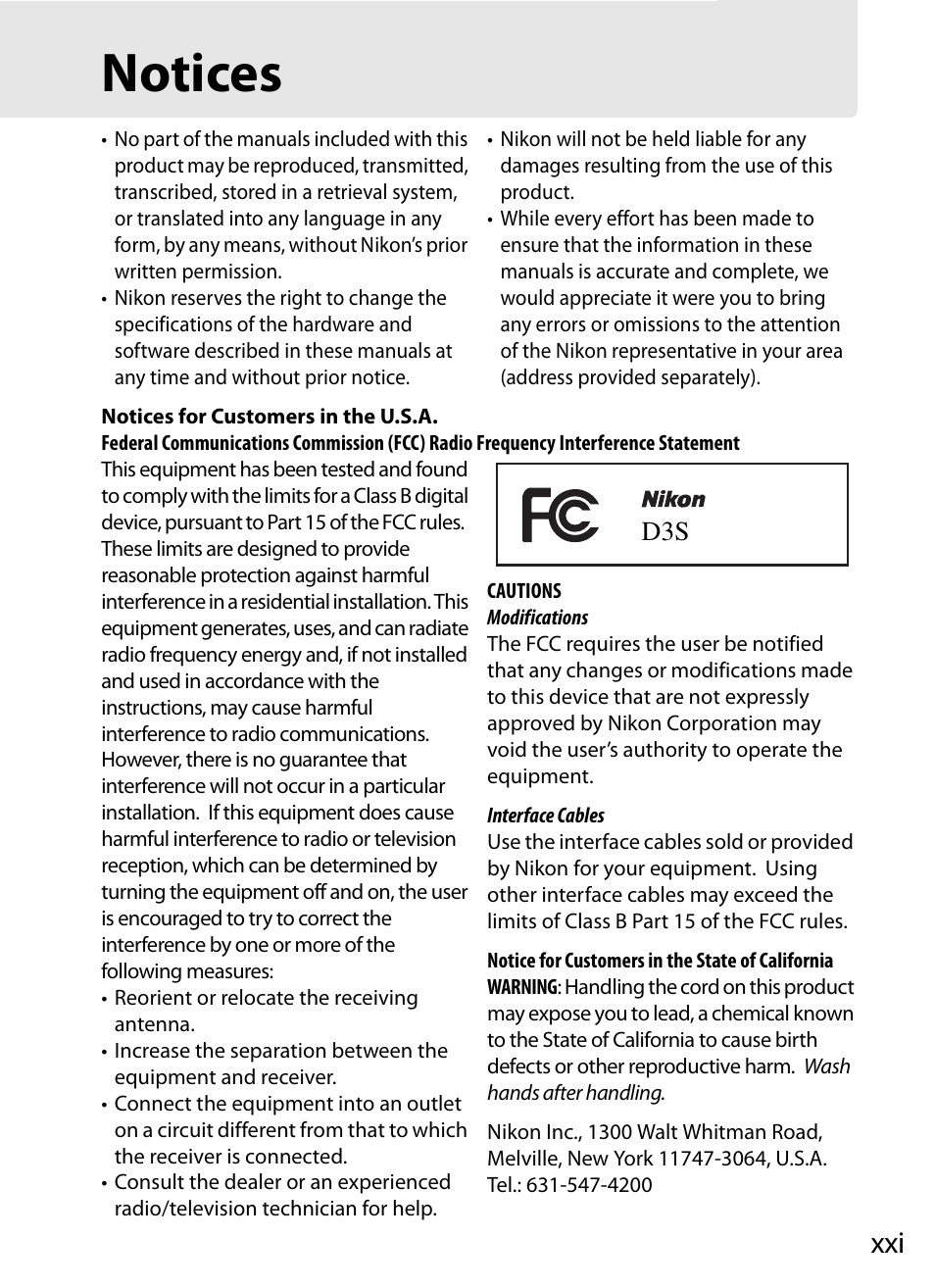Notices | Nikon D3S User Manual | Page 23 / 460