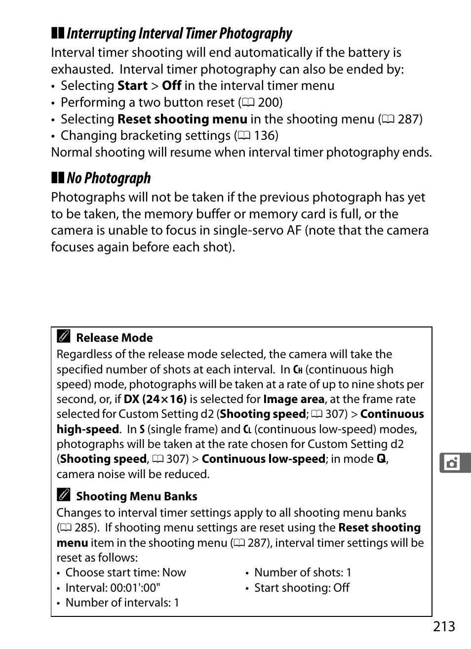 Interrupting interval timer photography, No photograph | Nikon D3S User Manual | Page 239 / 460