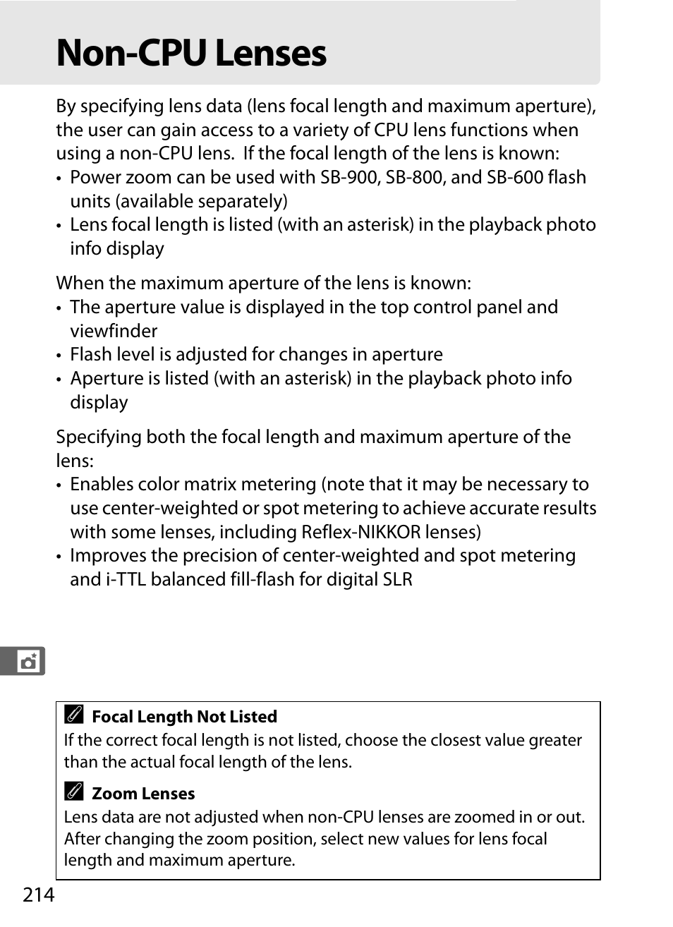 Non-cpu lenses | Nikon D3S User Manual | Page 240 / 460