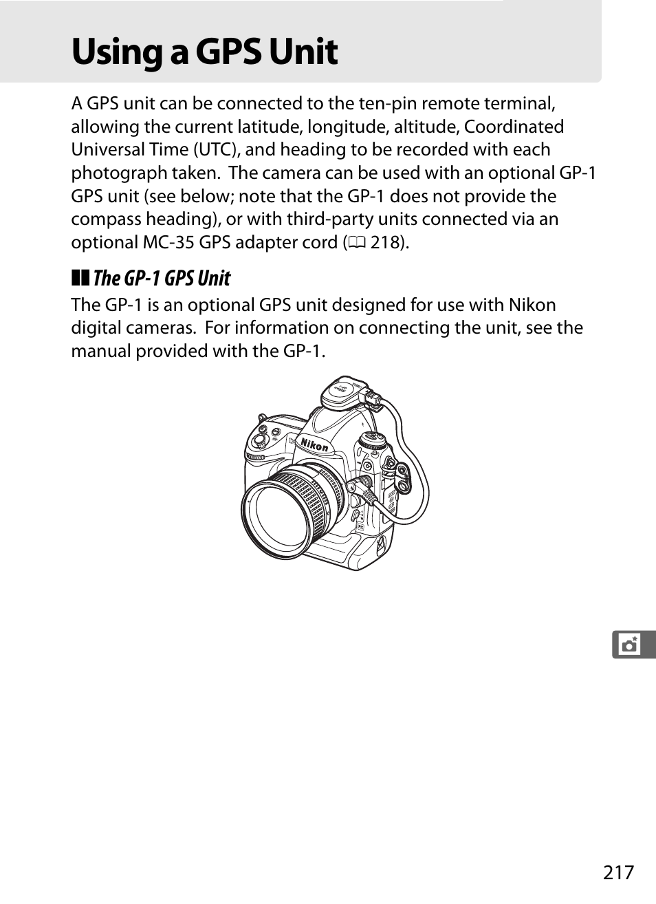 Using a gps unit | Nikon D3S User Manual | Page 243 / 460